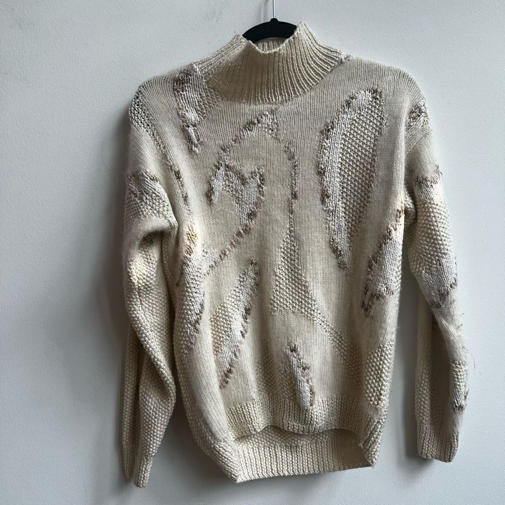 Vintage Lauren Hansen Women's Hand Knitted Mock Neck Long Sleeve Tan Sweater Siz